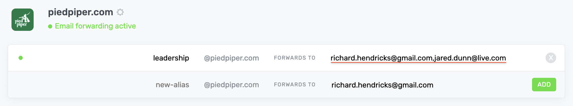 ImprovMX dashboard showing alias and destination configuration