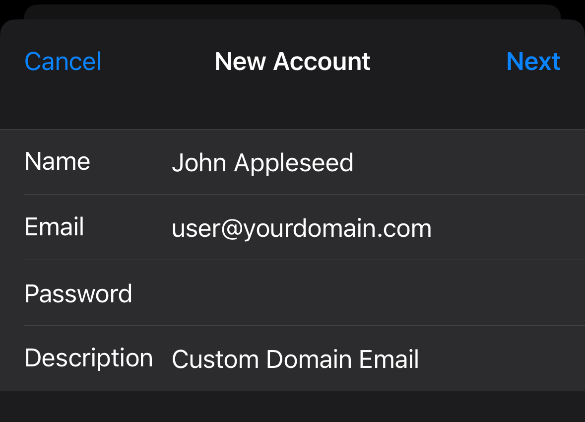 iOS Mail account setup screen