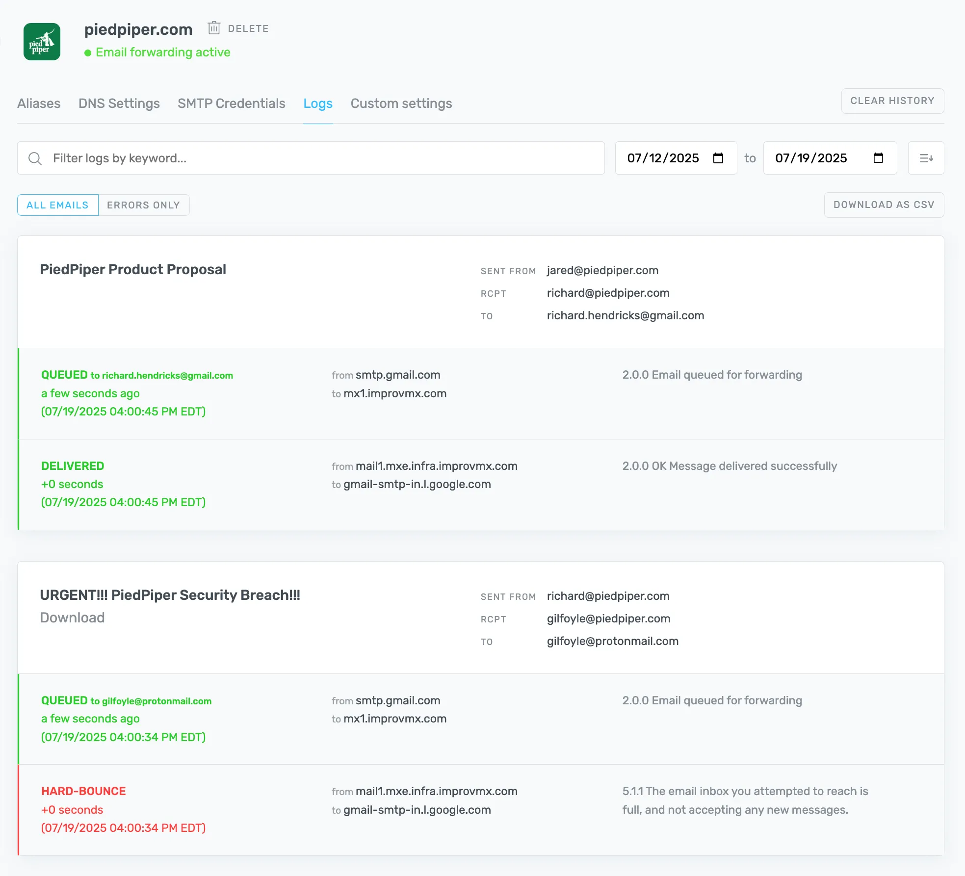 ImprovMX Email Logs showing deliverability details and email history